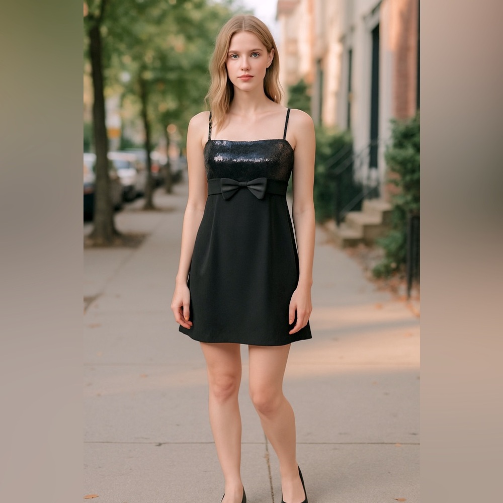 Black Sequin Strappy Satin Mini  Dress with Bow. NWT SIZE SMALL